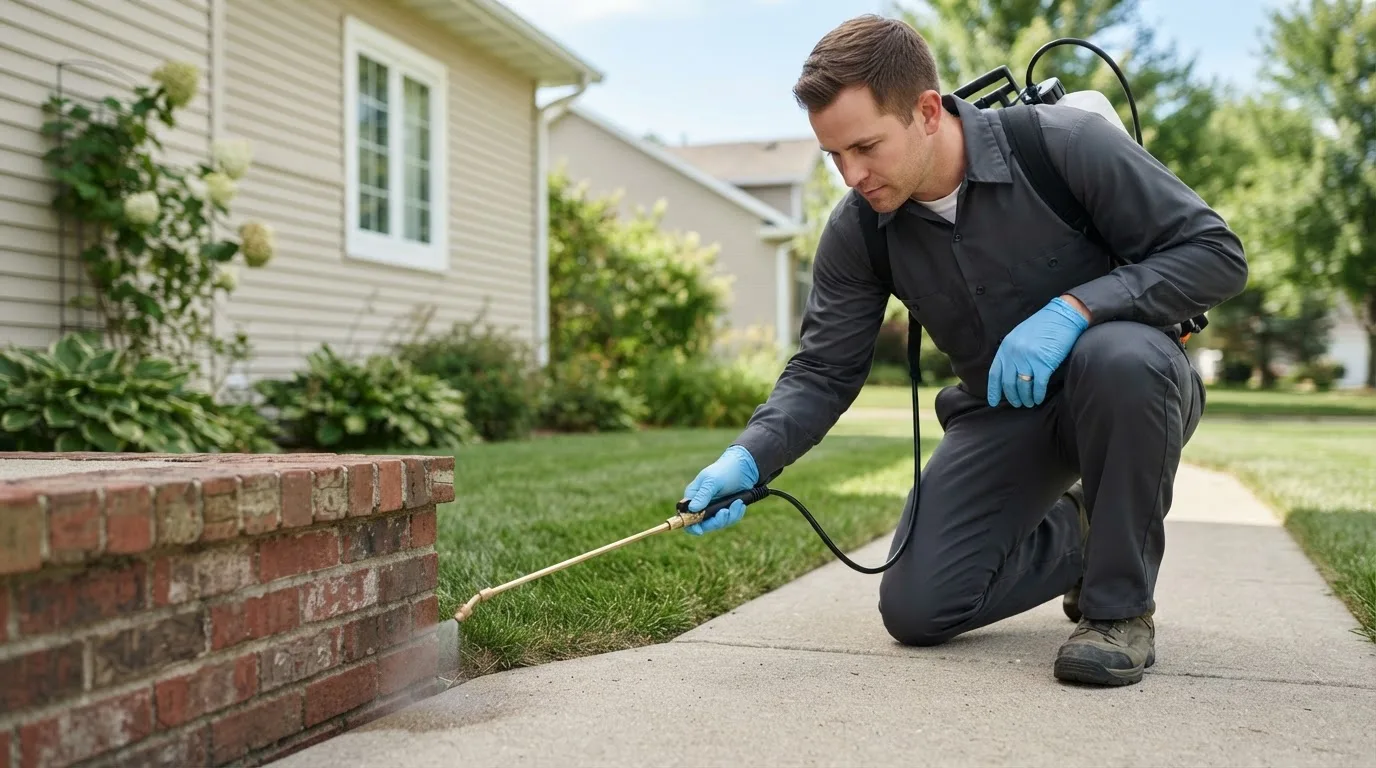 Pest control technician treating a home near Clayton, IL