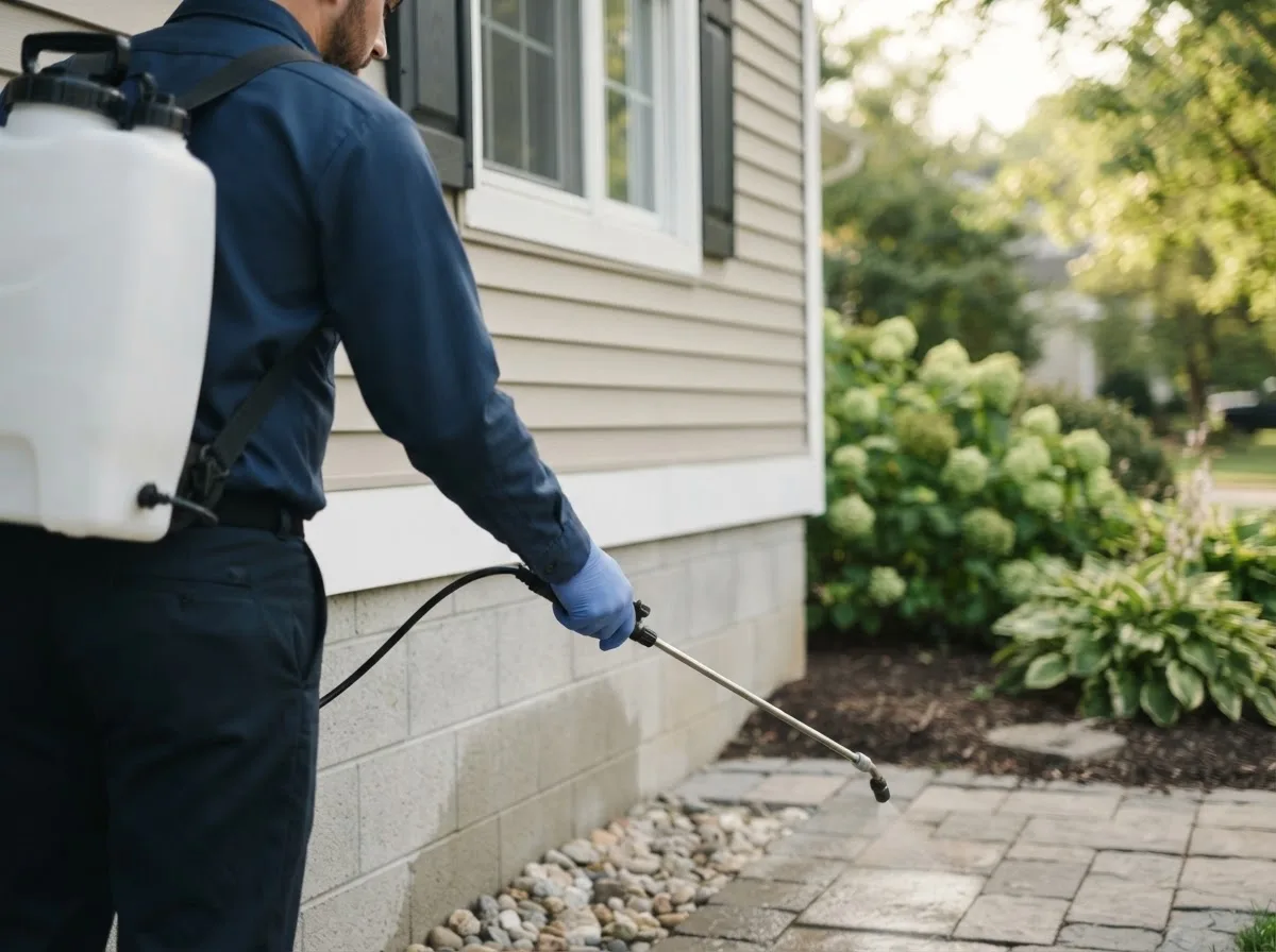 Pest control technician inspecting a home in Clayton, IL
